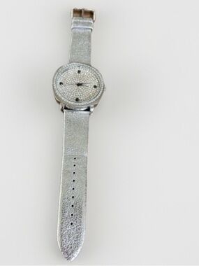 Joan Boyce Pave Crystal Watch with Genuine Leather Strap Silver